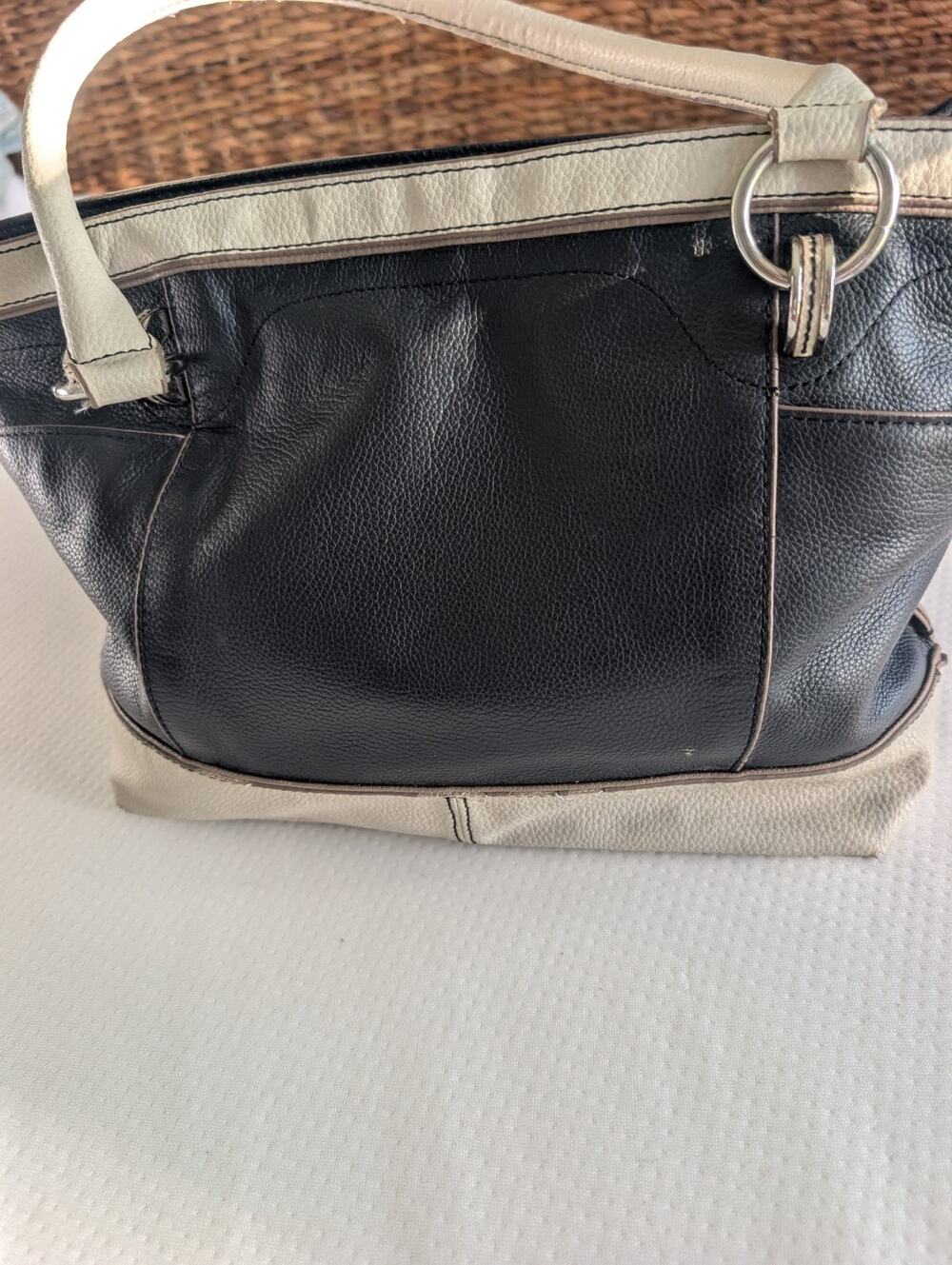 Tignanello Black Genuine Leather Zip Top Handbag Silver Hardware and Beige trim